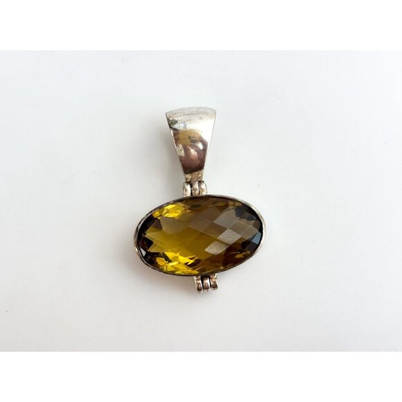 Natural Olive Quartz Gemstone Modernist Sterling Silver 925 Vintage Pendant - Picture 3 of 9